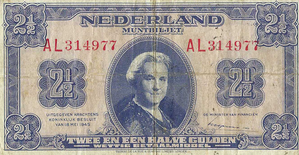 Bankbiljet 2,5 gulden 1945 Wilhelmina II Fraai