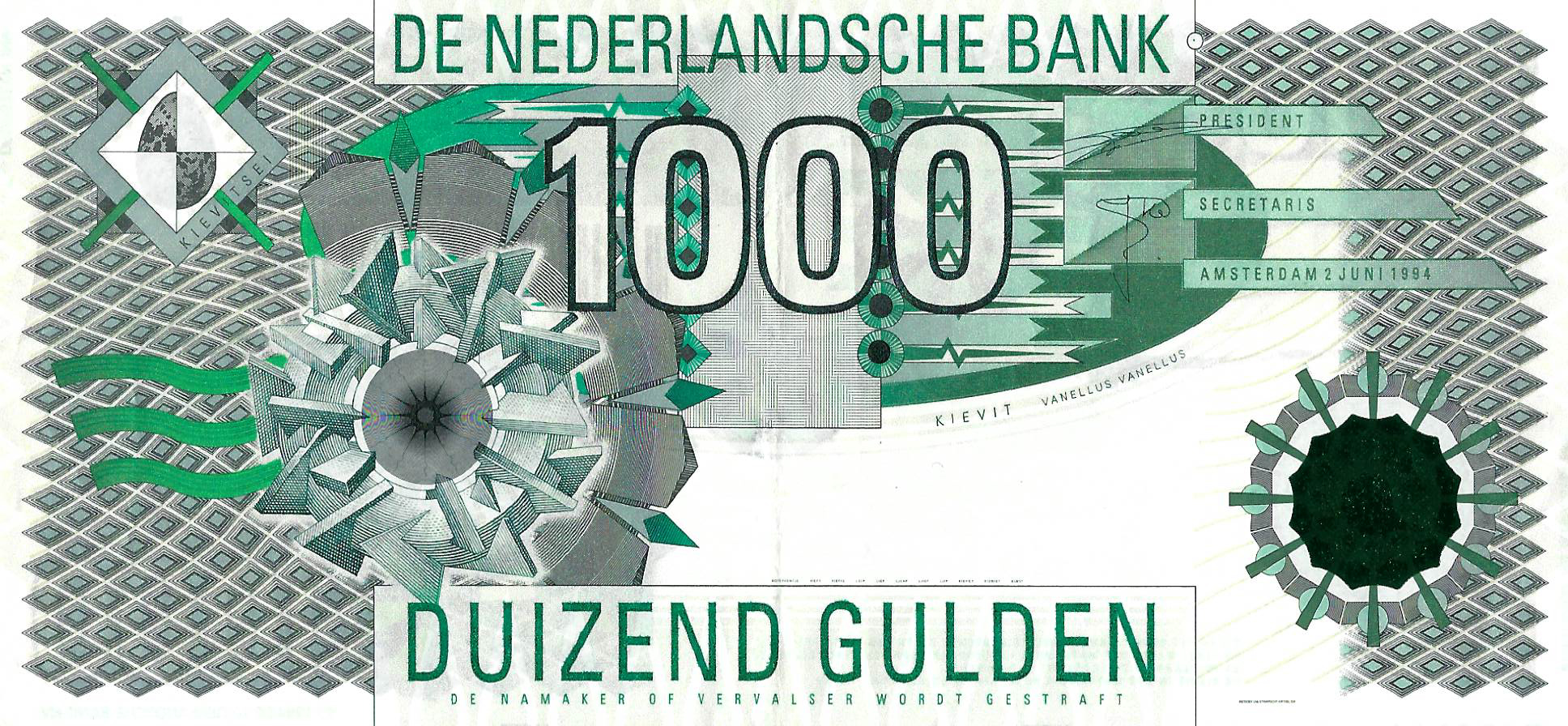 Bankbiljet 1000 gulden 1994 Kievit Zeer Fraai