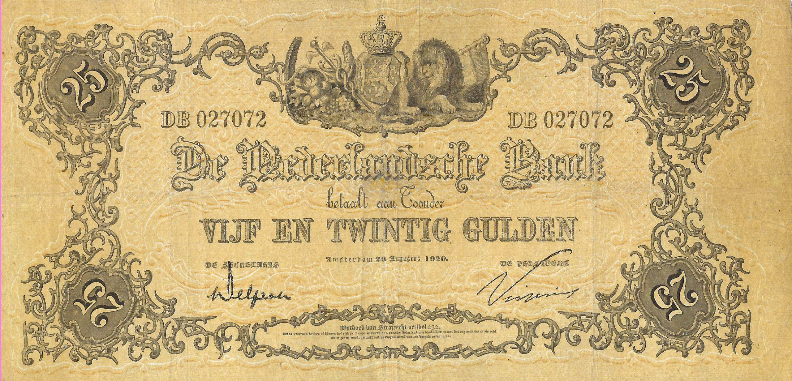 Bankbiljet 25 gulden 1860 Geeltje Zeer Fraai