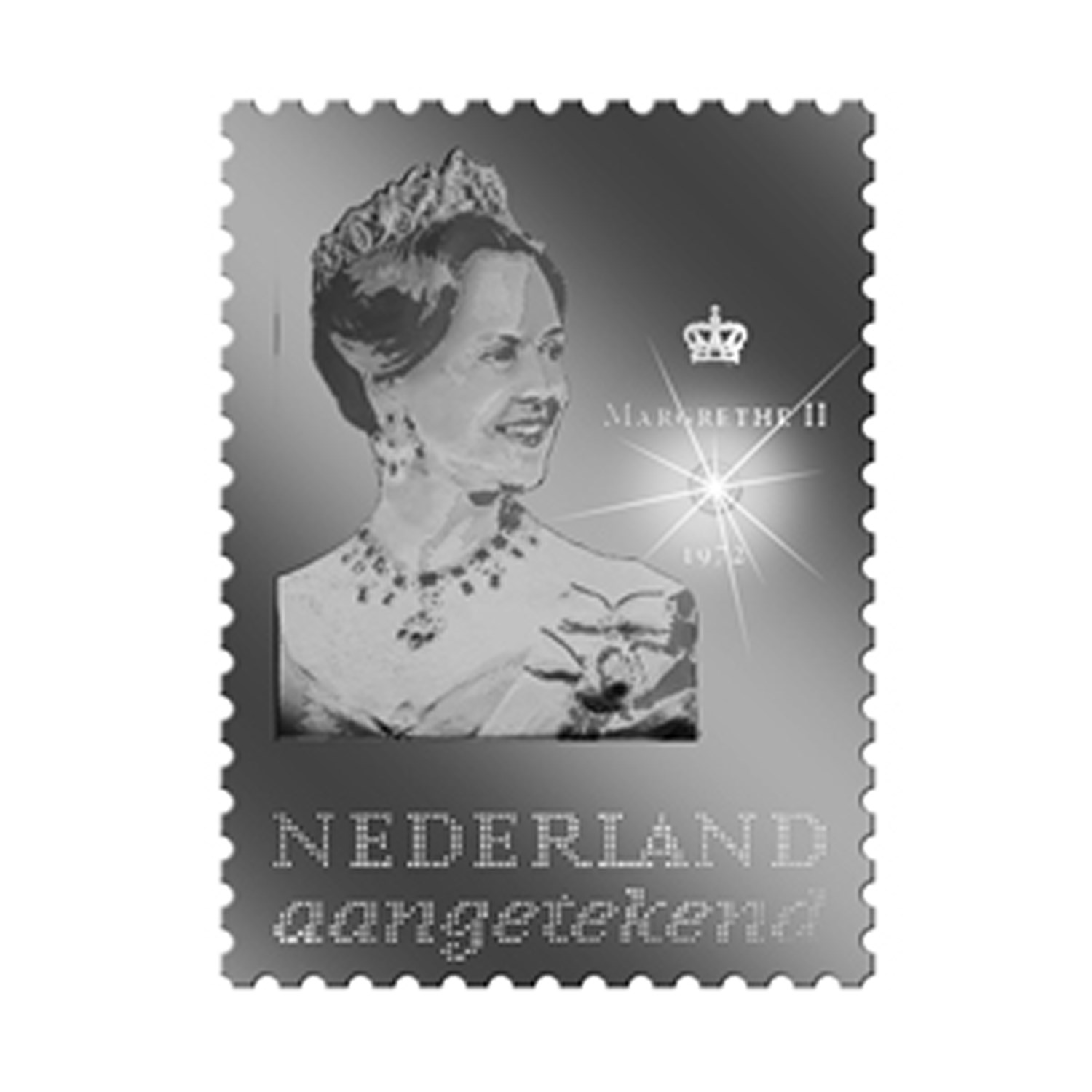 Europese Monarchen; zilveren postzegel Margrethe II met diamant!