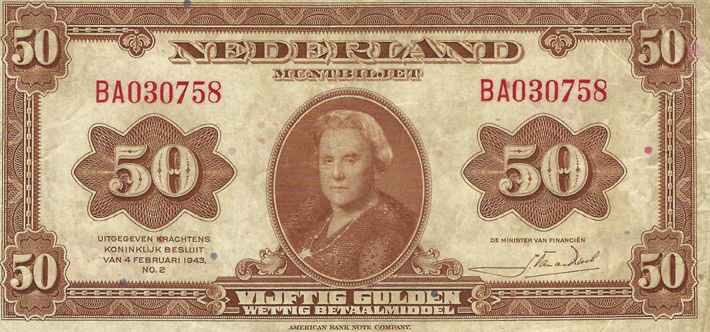 Bankbiljet 50 gulden 1943 Wilhelmina Zeer Fraai