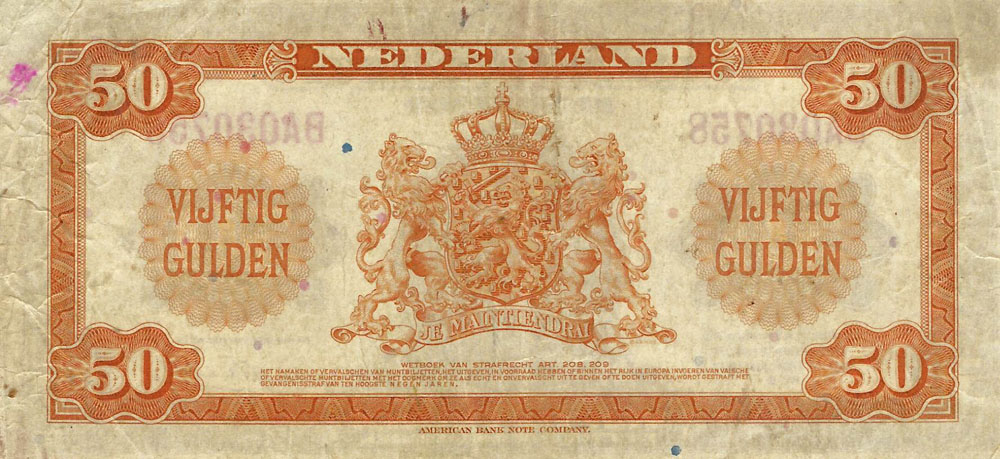 Bankbiljet 50 gulden 1943 Wilhelmina Zeer Fraai
