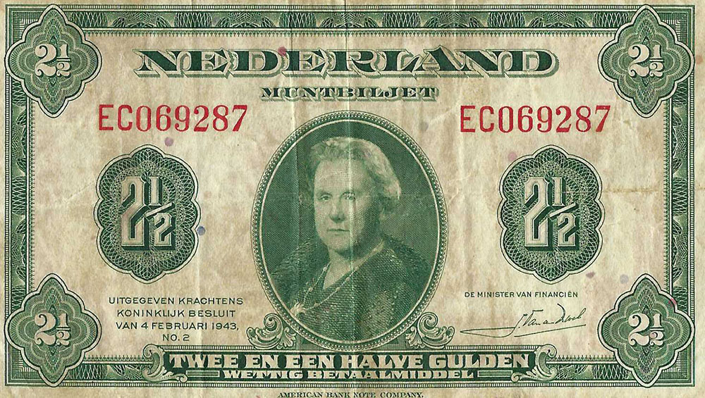 Bankbiljet 2,5 gulden 1943 Wilhelmina I Fraai