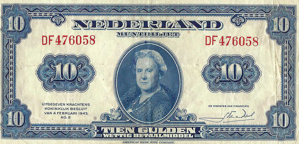 Bankbiljet 10 gulden 1943 II Wilhelmina  Zeer Fraai