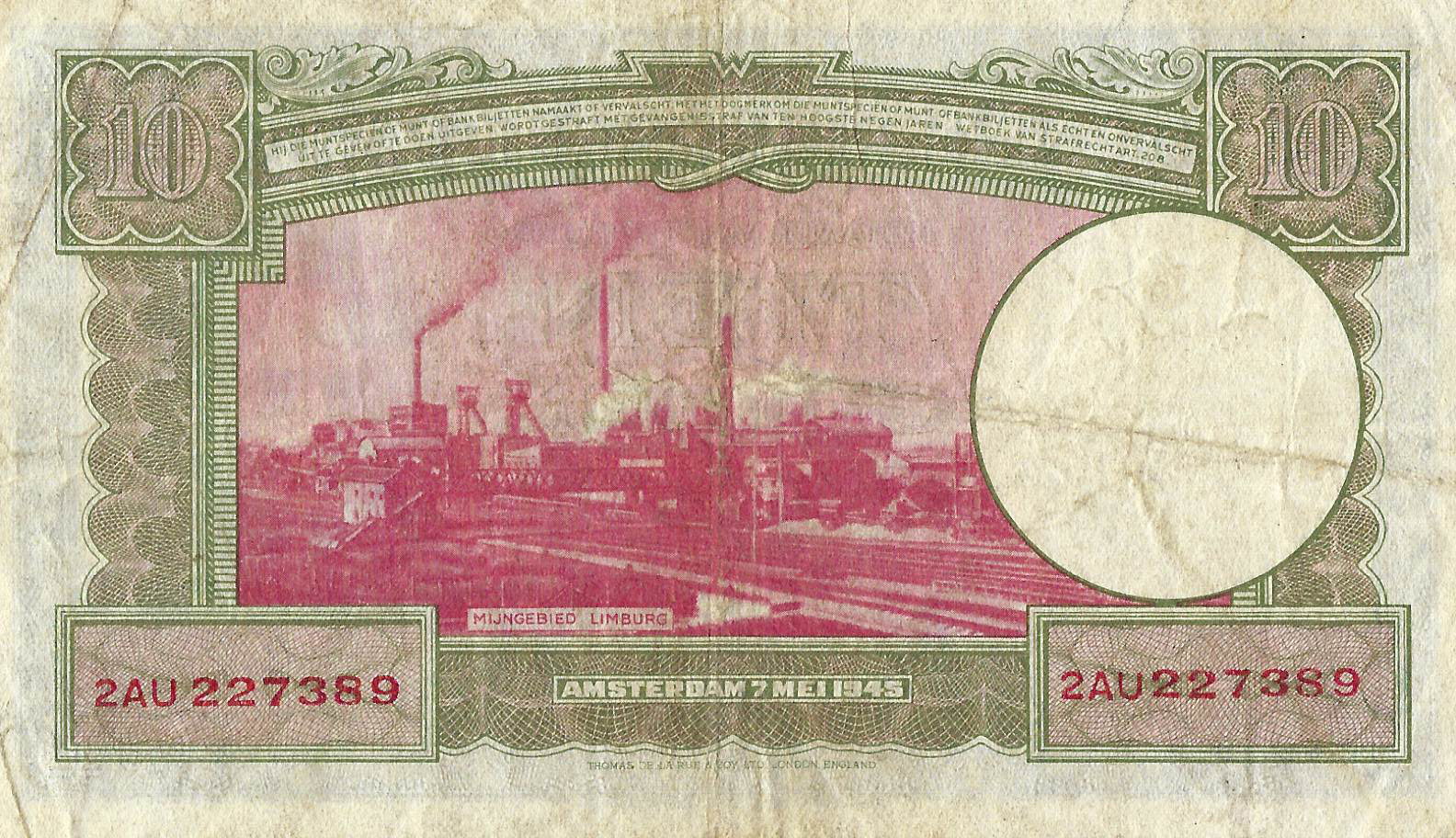 Bankbiljet 10 gulden 1945 II Willem I/Heerlense Mijnen (Foutief jaartal 1788-1843)