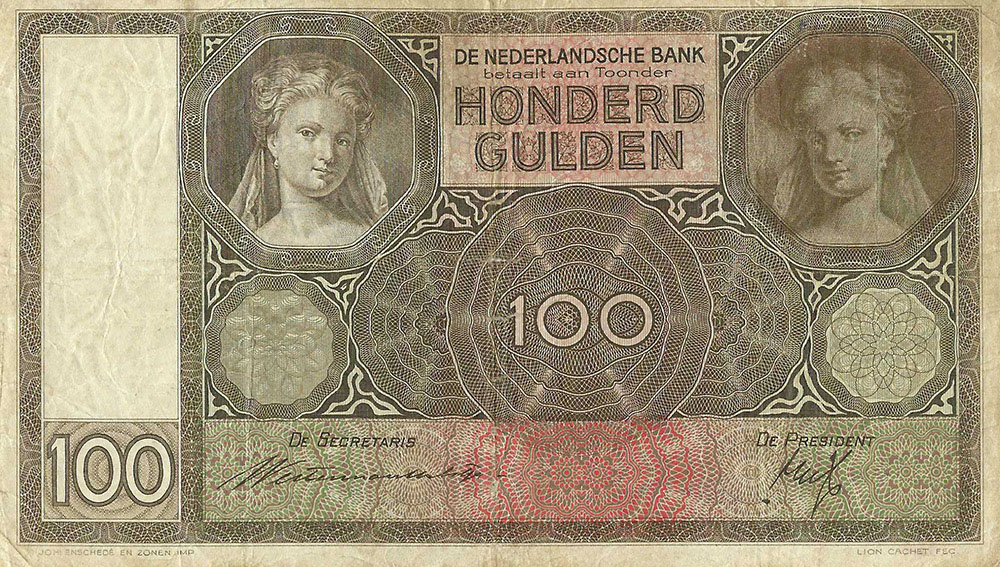 Bankbiljet 100 gulden 1930 Luitspelende vrouw Zeer Fraai