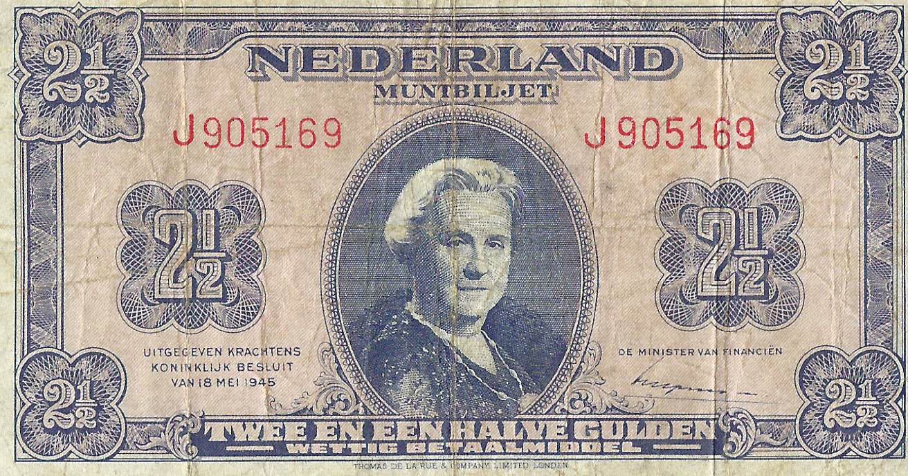 Bankbiljet 2,5 gulden 1945 Wilhelmina II Fraai