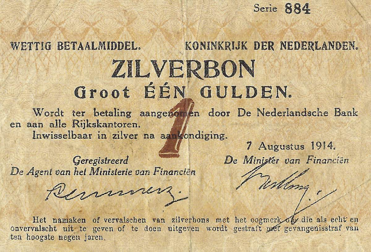 Zilverbon 1 gulden 1914 Zeer Fraai