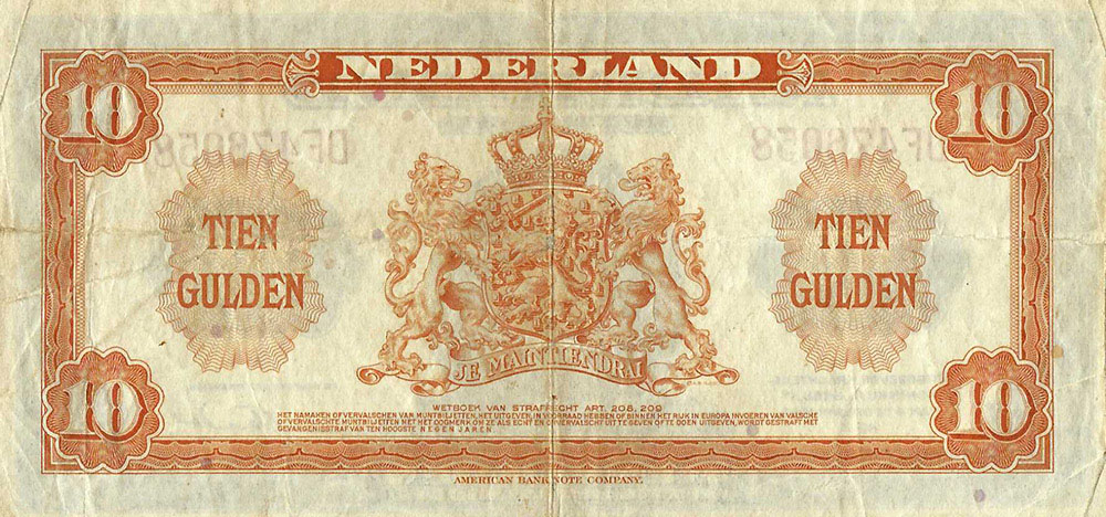 Bankbiljet 10 gulden 1943 II Wilhelmina  Zeer Fraai