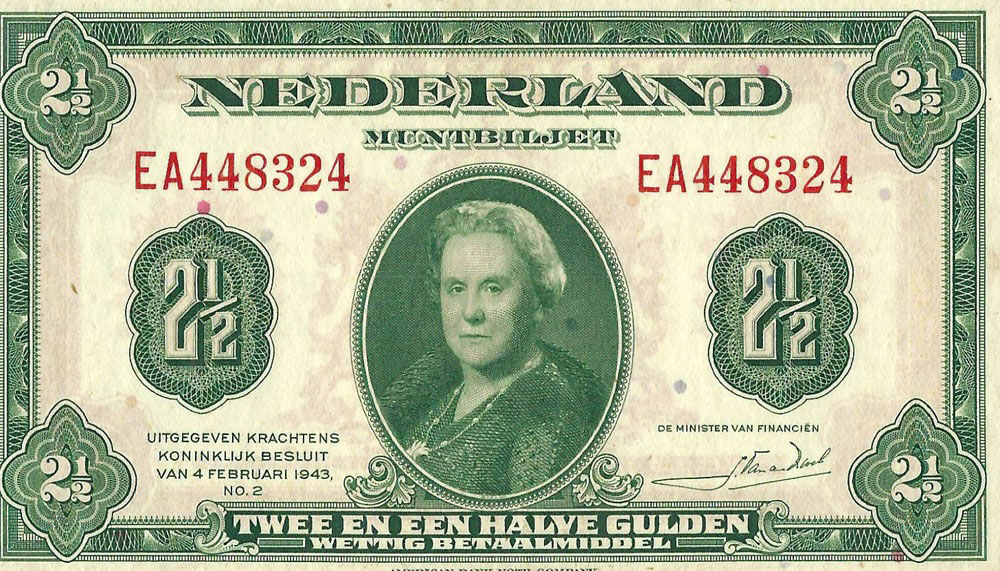 Bankbiljet 2,5 gulden 1943 Wilhelmina Zeer Fraai +