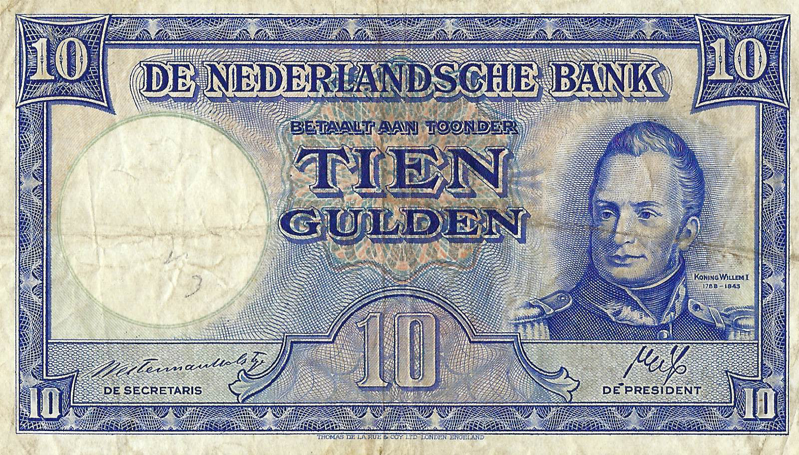 Bankbiljet 10 gulden 1945 II Willem I/Heerlense Mijnen (Foutief jaartal 17881843) Bankbiljet 10 gulden 1945 II Willem I/Heerlense Mijnen (Foutief jaartal 17881843)
