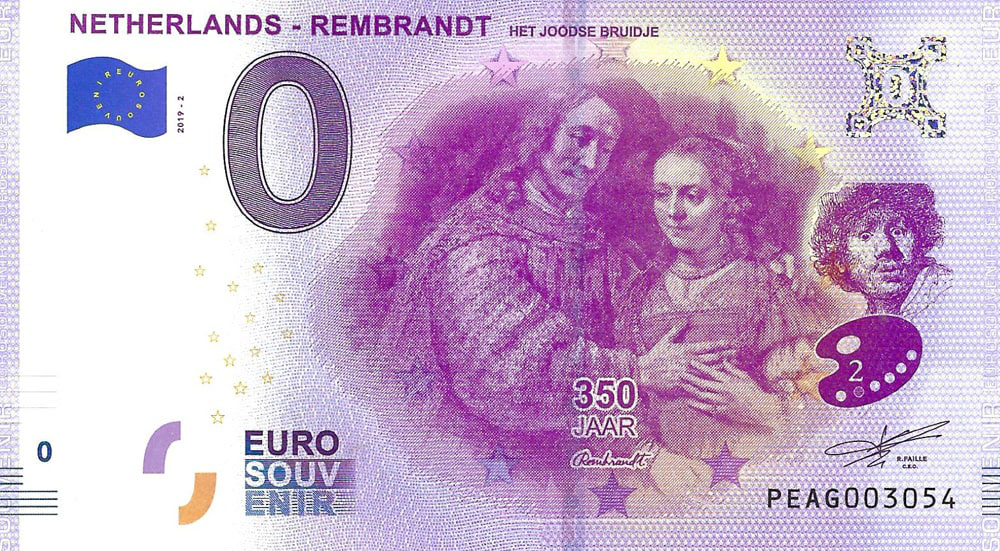 0 euro biljet Nederland 2019 - Rembrandt - Het Joodse Bruidje