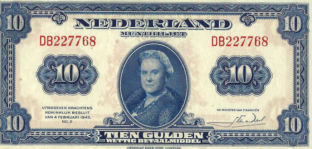 Bankbiljet 10 gulden 1943 Wilhelmina Prachtig +