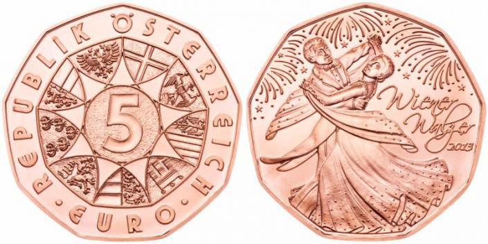 De sierlijke Weense Wals op de 5 euro 2013 uit Oostenrijk