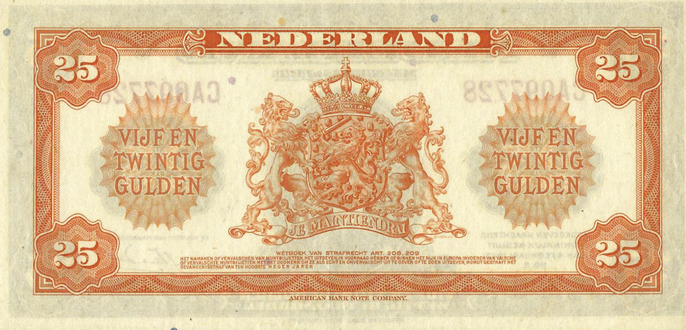Bankbiljet 25 gulden 1943 II Wilhelmina Prachtig