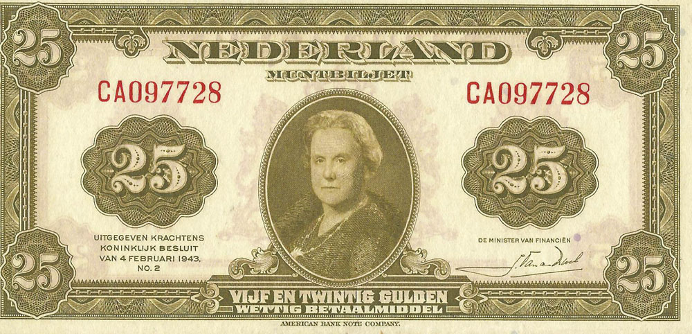 Bankbiljet 25 gulden 1943 II Wilhelmina Prachtig