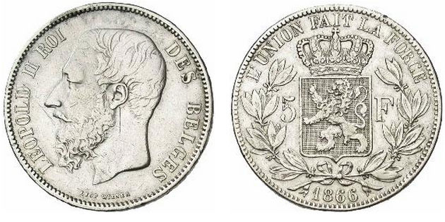 5 Franc 1865-1878 België Koning Leopold II