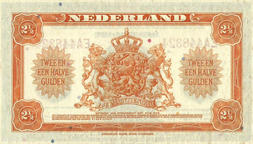 Bankbiljet 2,5 gulden 1943 Wilhelmina Zeer Fraai +