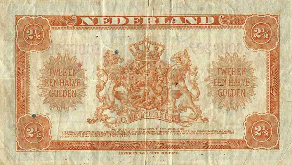 Bankbiljet 2,5 gulden 1943 Wilhelmina I Fraai